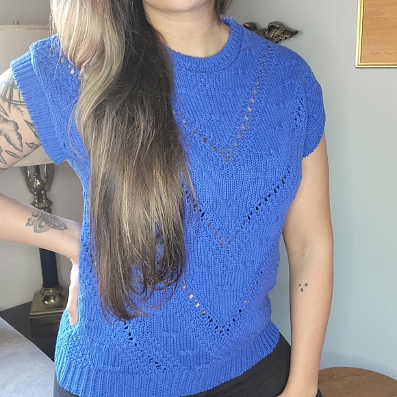 Womens 80s 90s Short Sleeve Knit Sweater Blue - Picture 4 of 9